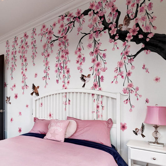Runtoo Large Cherry Blossom Tree Wall Decals Peel and Stick Pink Floral Wall Art Stickers for Living Room Bedroom Nursery Flower Decor