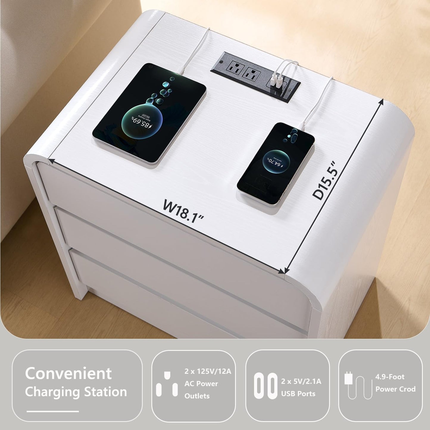 25" Tall Modern Nightstand Set of 2, 23.6" Wide Wood Bedside Table with Charging Station, 3 Storage Drawers Side Table w/Curved Profile Design, End Table for Bedroom, White