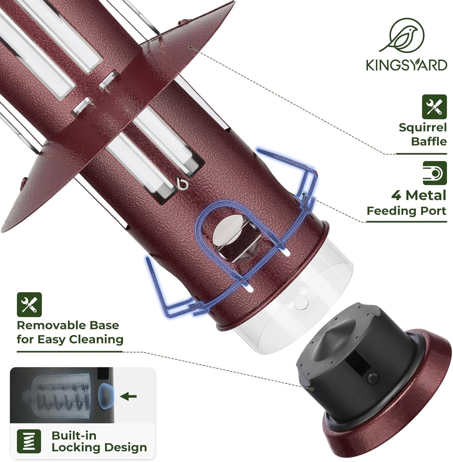 Kingsyard Squirrel Proof Bird Feeder with Removable Base, All Metal, Tube Bird Feeders for Outdoors Hanging, Easy to Clean & Refill, Antique Copper