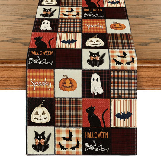 Artoid Mode Black Cat Bat Pumpkin Spooky 210 GSM Halloween Table Runner, Ghost Kitchen Dining Table Decoration for Home Party Decor 13x120 Inch