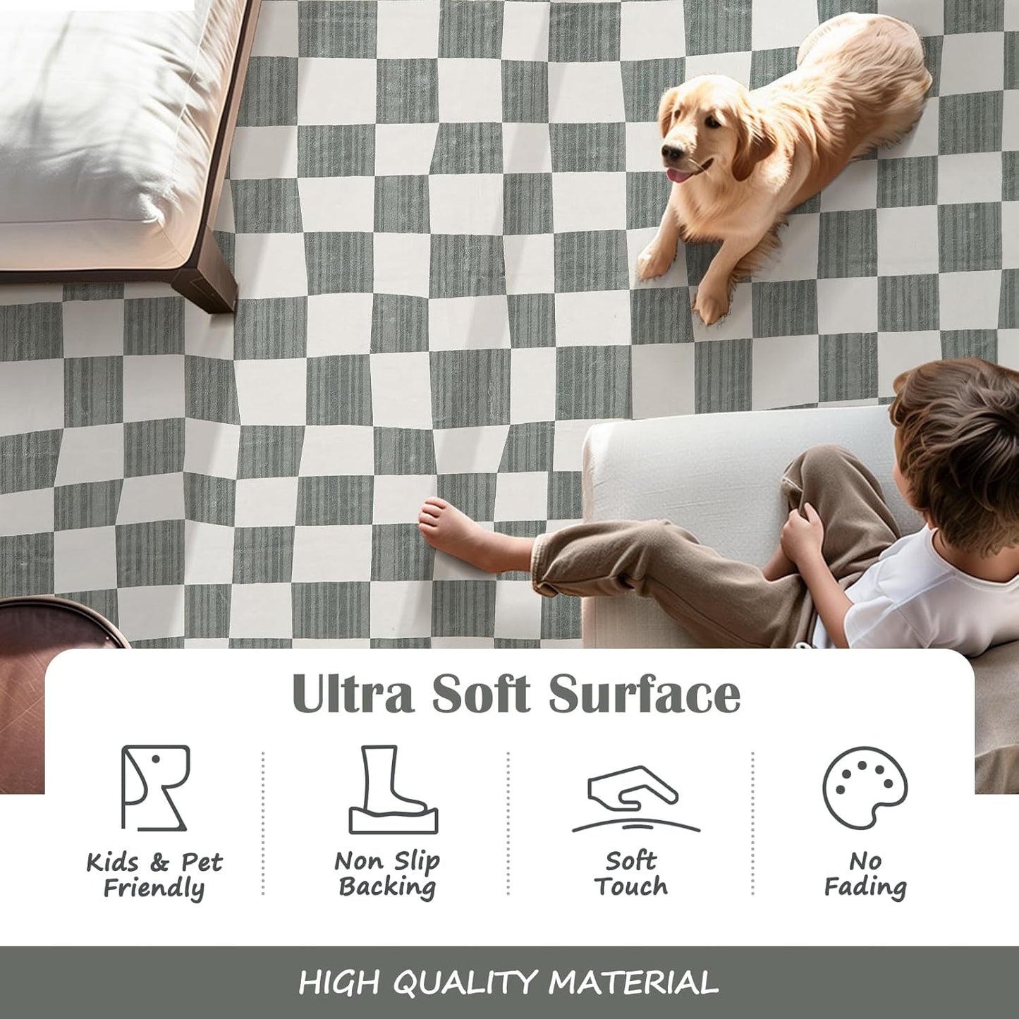 jinchan 6x9 Checkered Area Rugs for Kids Room - Machine Washable Soft Rug Modern Geometric Lattice Non-Slip Carpet for Nursery Playroom Classroom Living Room Bedroom Dining Room Home Office Grey