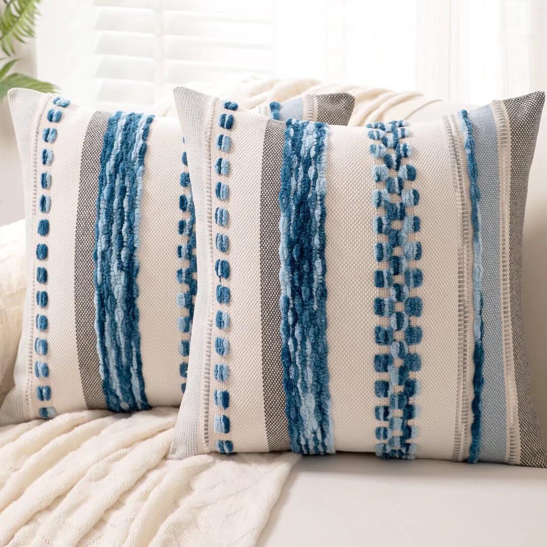 Boho Throw Pillow Covers 18x18 Set of 2 Farmhouse Decorative Cushion Case Striped Square Pillows Cover Chenille Pillow Cases Accent Neutral Pillowcase for Sofa Couch Bed,Sky Blue