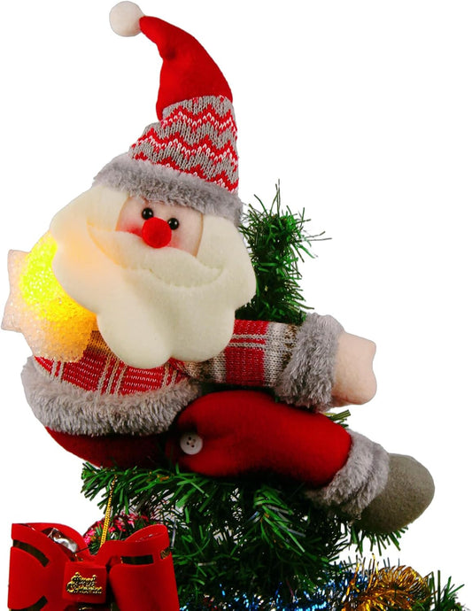 Christmas Plush Santa Claus Tree Topper with Light-up Yellow Star,Xmas Treetop Ornament-Also Be Used As Home Curtain Tie and Hugger Wine Bottle Party Decorations