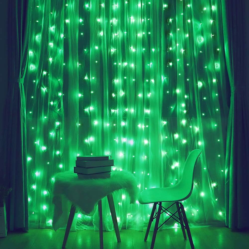 HEYFUNi Fiee Curtain Lights,304L 9.8ftX9.8ft 30V 8Modes Safety Window Lights with Memory for Home Wedding Christmas Party Patio Lawn Garden Bedroom Outdoor Indoor Wall Decorations (304LED, Green)
