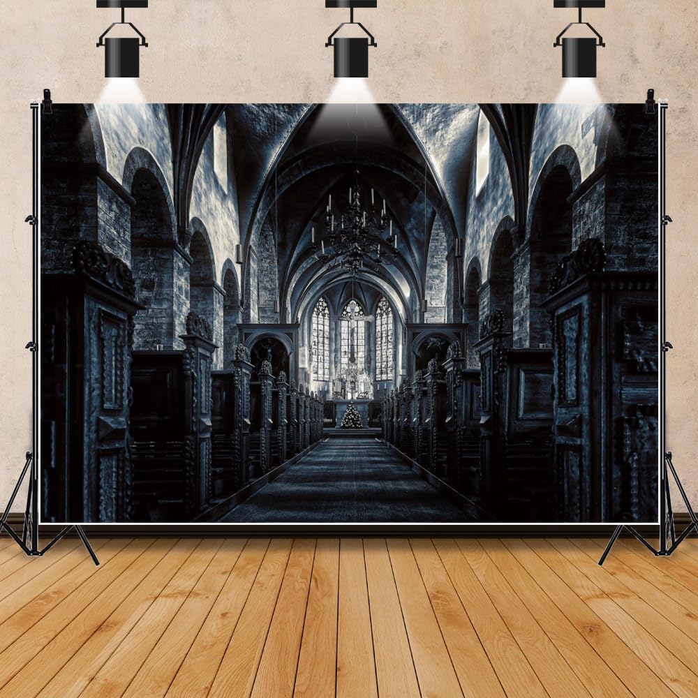 ChloropLastid 7x5ft Scary Church Halloween Backdrop Dark Black Horror Gothic Medieval Castle Interior Photography Background Halloween Night Carnival Theme Party Decor Banner Photo Studio Props