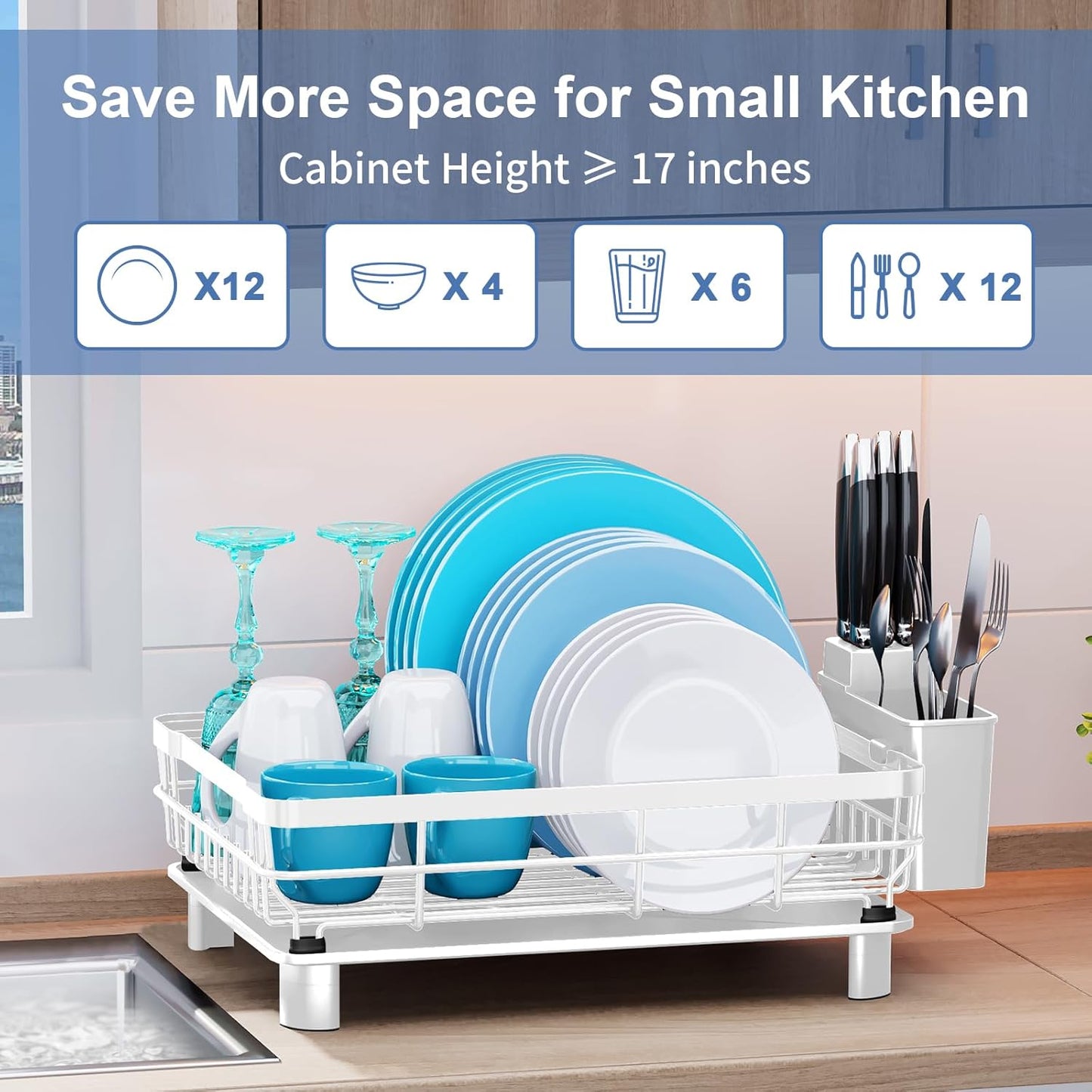 MOUKABAL Dish Drying Rack, Dish Rack, Large Dish Racks for Kitchen Counter, Drying Rack Kitchen with Removable Utensil Holder, Drainboard 16.9" x 12.9" x 5.9"(White)