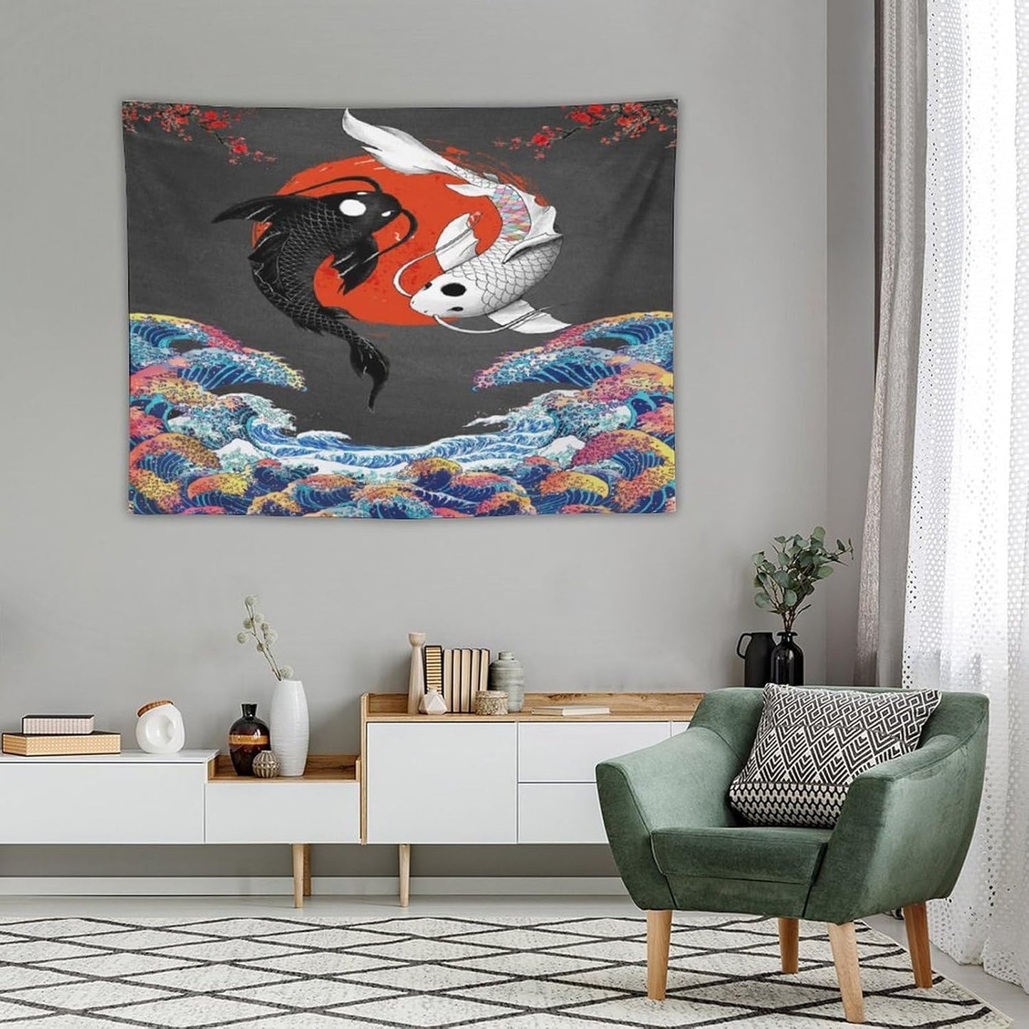 Houselerax Japanese Koi Fish Tapestries, Yin Yang Big Wave Cherry Blossom Tapestry Wall Hanging for Bedroom Living Room Office Decor 40"x30"