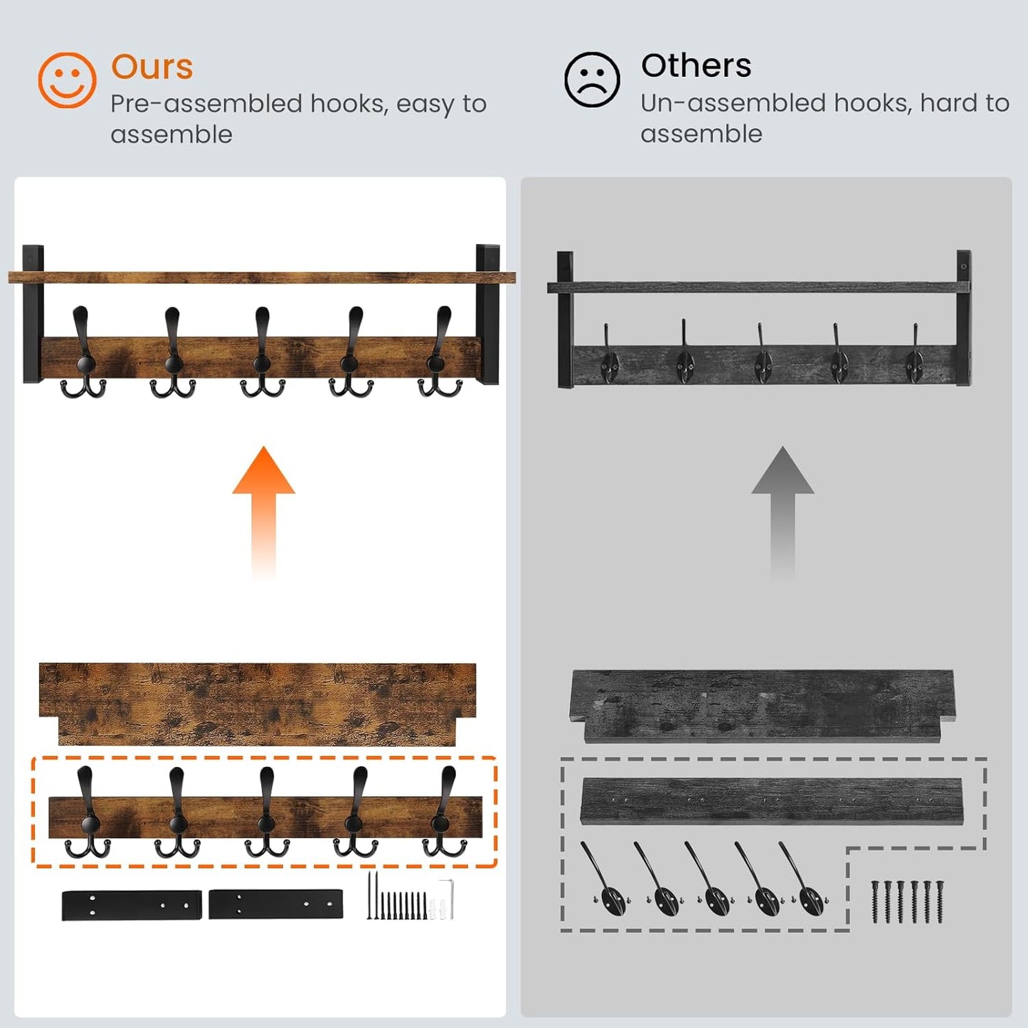 Homode Rustic Brown Wall Mount Coat Rack with Shelf and 5 Tri Hooks, Wood Coat Hangers for Hanging Hat, Towel, Purse, Jacket