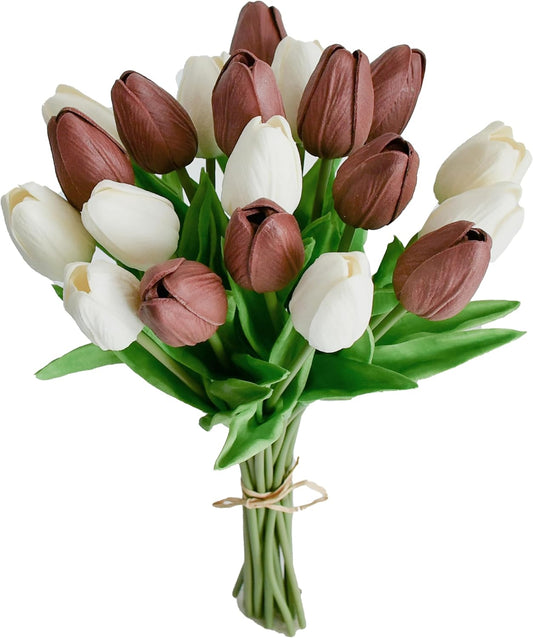 Mandy's Artificial Tulips 20 Stems White and Brown PU Faux Flowers for Wedding Home Decor 13.5 Inch