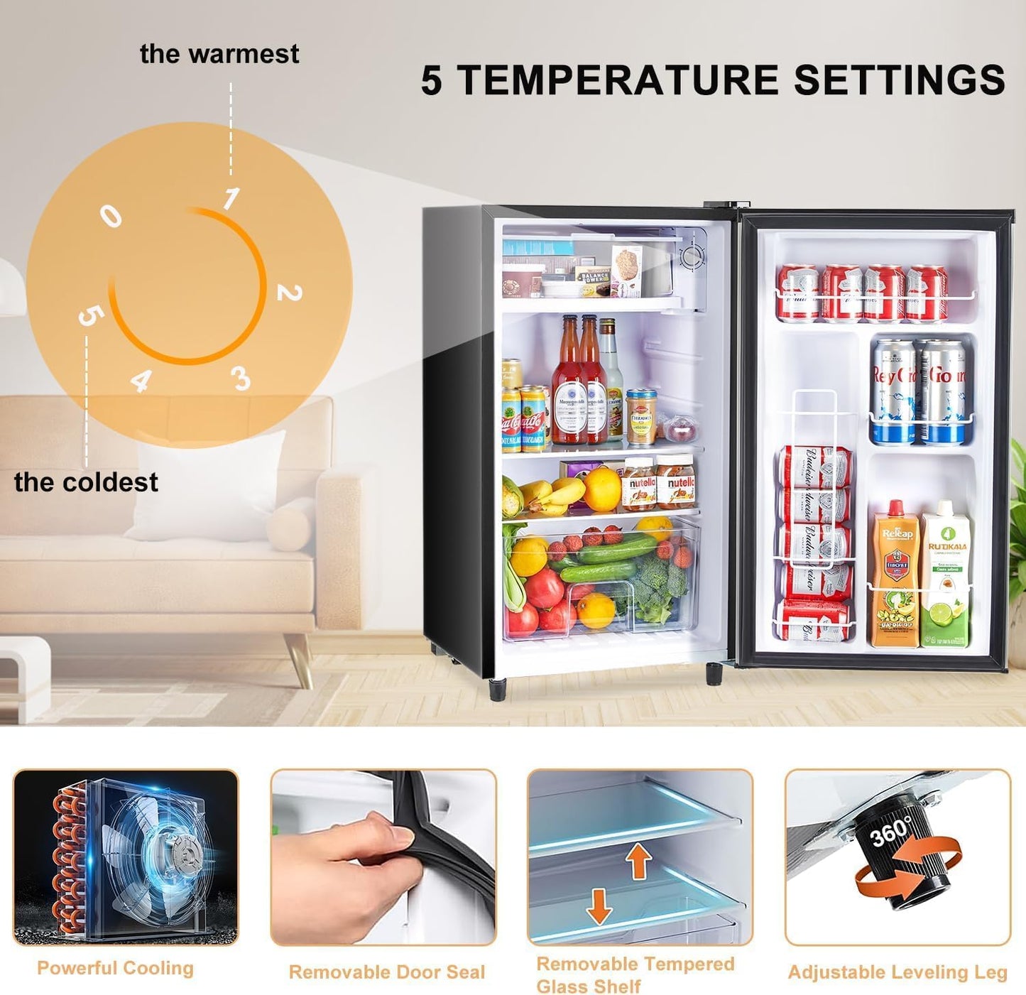 Atilioo Upgraded Mini Fridge with Freezer 3.2 Cu.Ft Compact Dorm Refrigerator Small Cooler for Bedroom Office, Single Door Adjustable Thermostat Low Noise, 17.5" D x 17.7" W x 31.5" H, Black