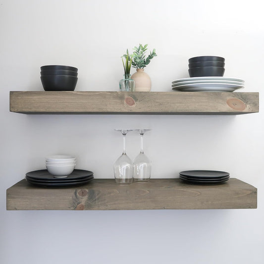 Modern Floating Shelves 3 Inches Thick for Wall, Wide Shelves for Kitchen, Living Room, Bedroom, and Bathroom, Natural Pine Wood, Rustic Wooden Shelf, (Set of 2) (Aged Barrel, 24Lx3Hx6D)