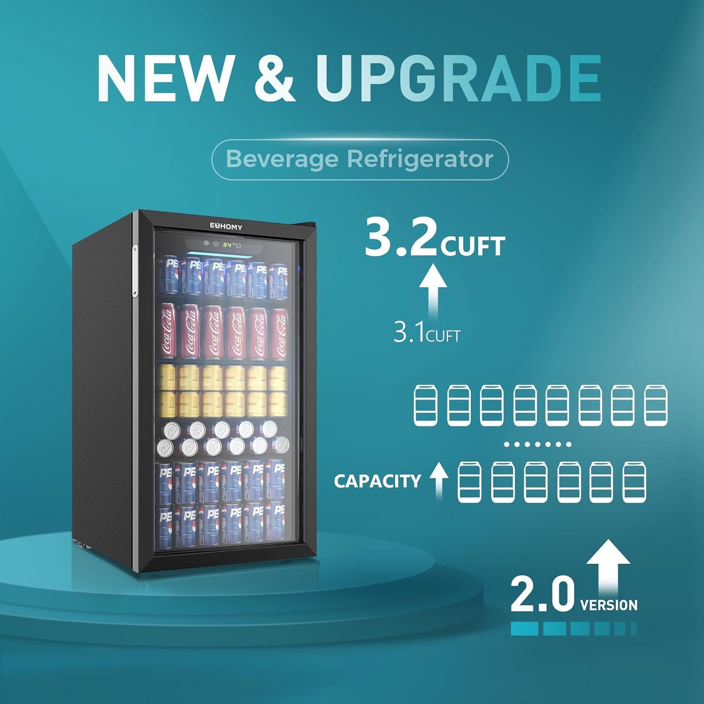 EUHOMY Beverage Refrigerator Cooler, 130 Can Mini Fridge with Glass Door for Soda Beer or Wine, Beverage Cooler for Home, Office, Bar with Adjustable Removable Shelves, Black
