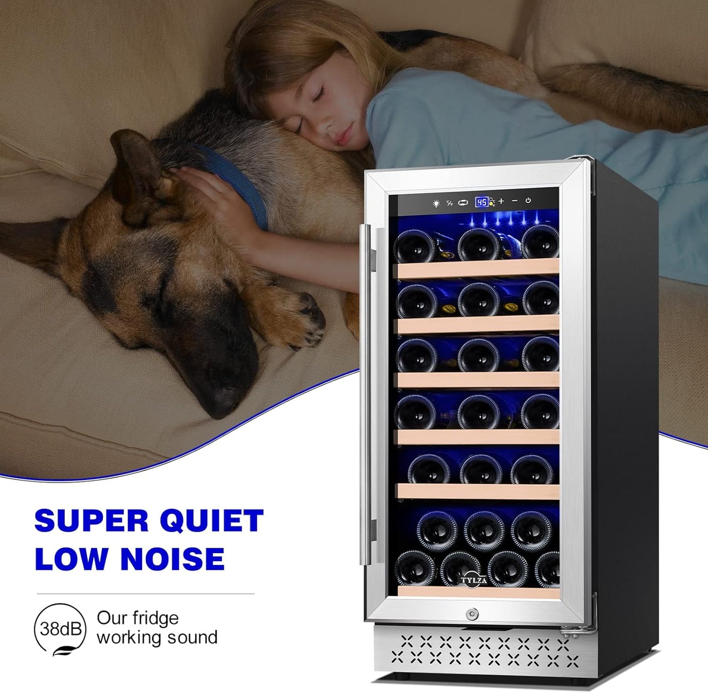 Tylza 15 Inch Wine Cooler Under Counter, 33 Bottle Built-in Wine Fridge with Stainless Steel Tempered Glass Door, Temp Memory Function, Freestanding Fast Cooling Wine refrigerator, Quiet Operation