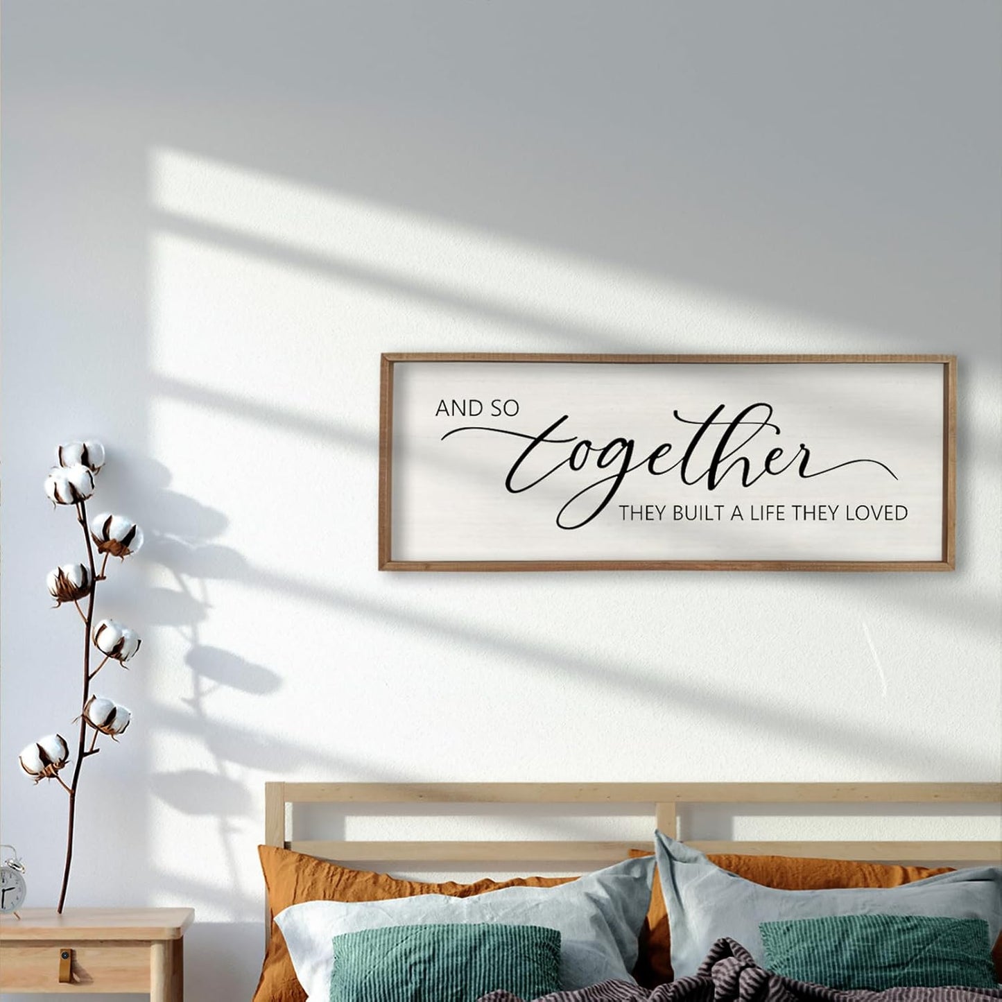 And So Together They Built A Life They Loved Framed Wood Farmhouse Sign - 32'X12' Master Bedroom Above Bed Wall Art for Love Sign Decor