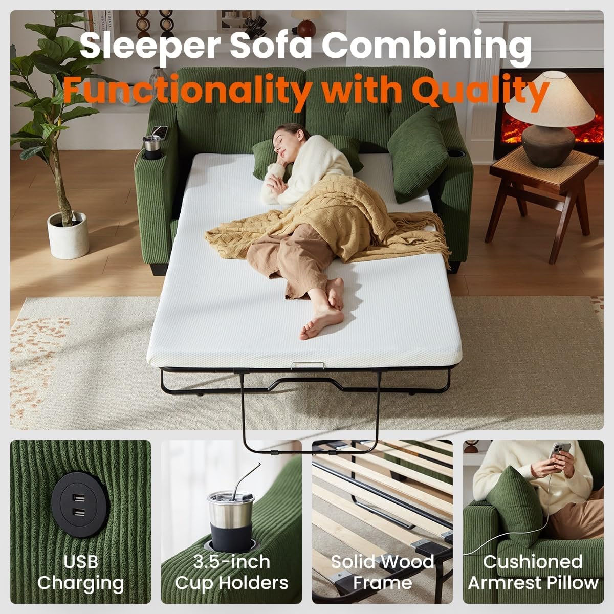 Pull Out Sofa Bed, Full Size Sleeper Sofa, 2-in-1 Convertible Corduroy Couch with USB Charging, Memory Form Couch for Living Room, Apartment and Small Space (Green, Corduroy - Full Size)