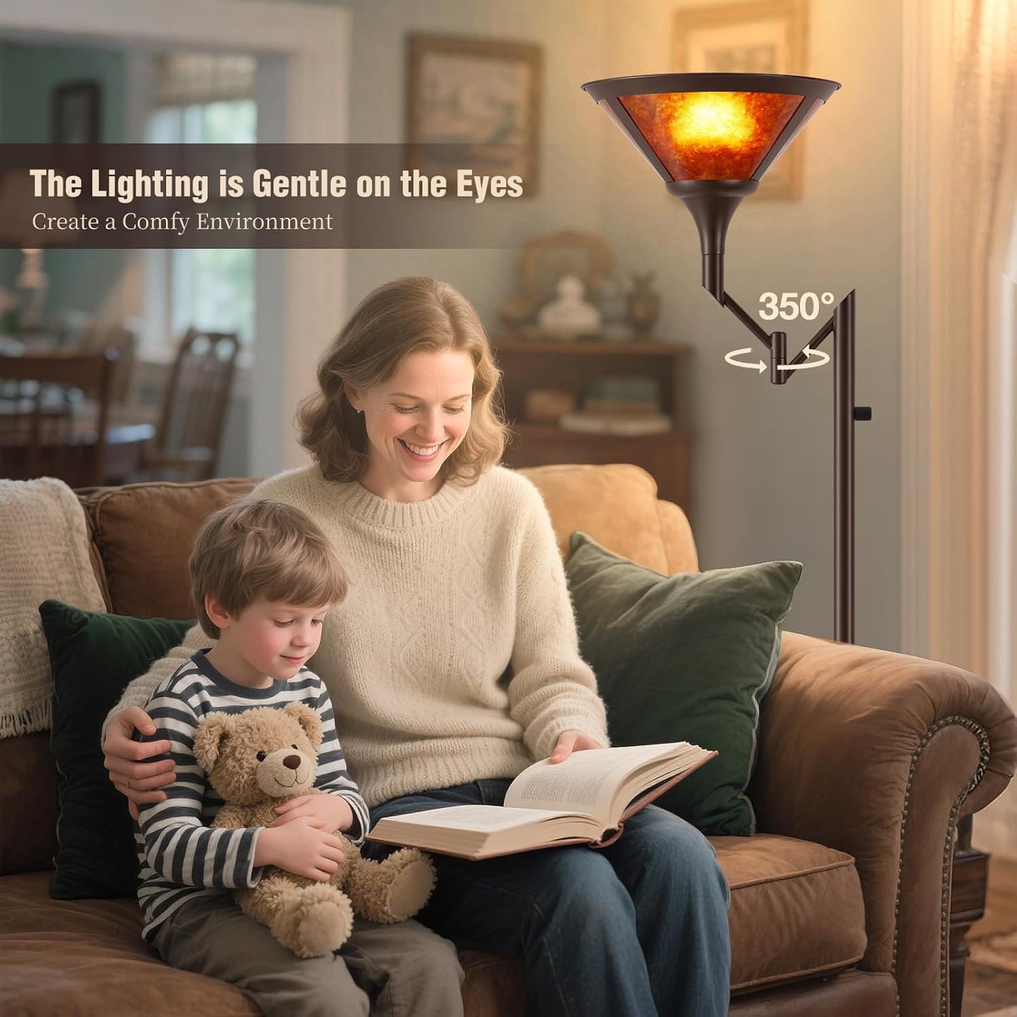 Floor Lamps for Living Room - 70" Brown Torchiere Standing Floor Lamp with Adjustable Swing Arm - Tall Corner Lamp Decor for Bedroom with Mica Shade LED Reading Light for Home Office