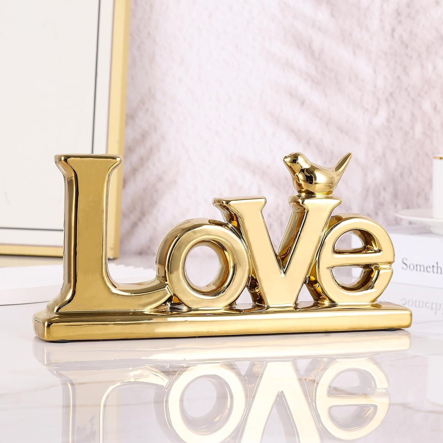 Gold Love Sign Statue - Personalized Home Decor, Bird Sculpture for Living Room, Bedroom, Desktop & Cabinets