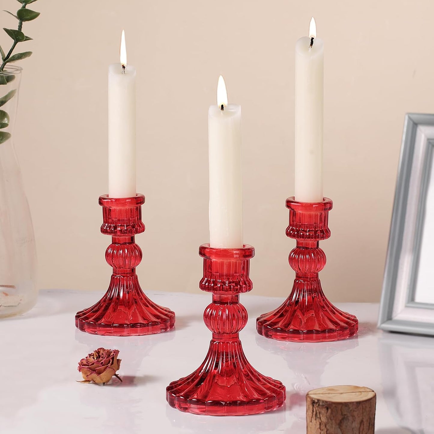 12PCS Red Candlestick Holders Set- 4" H Taper Candle Holders, Glass Candle Holders Bulk for Activities, Party, Home Table Centerpieces, Festival Gifts & Windowsill Decor
