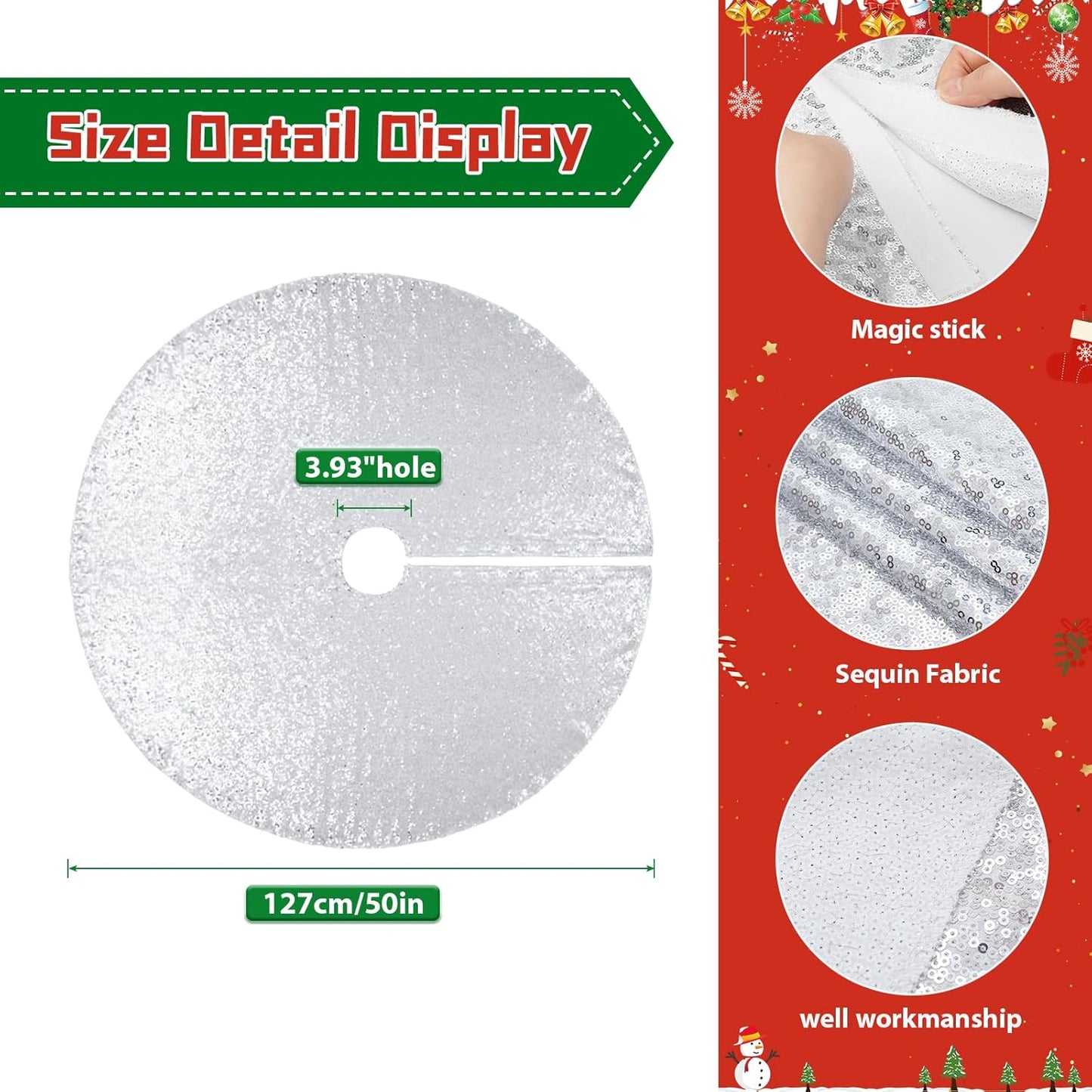 Eternal Beauty Christmas Tree Skirt, 50 Inch Silver Sequin Tree Skirt Small Xmas Tree Skirt for Christmas Tree Decorations