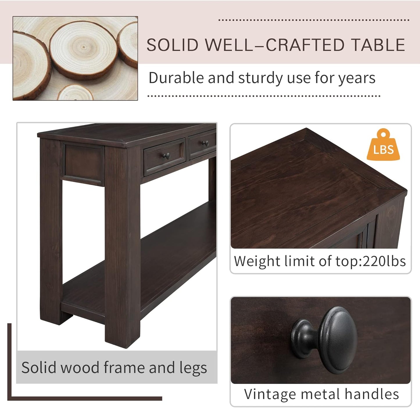 63" Solid Wood Console Table Sofa Table with Storage Drawers and Bottom Shelf,Farmhouse Entryway Table for Hallway Foyer,Sofa Couch Table,Fully Assembled (63" Espresso)