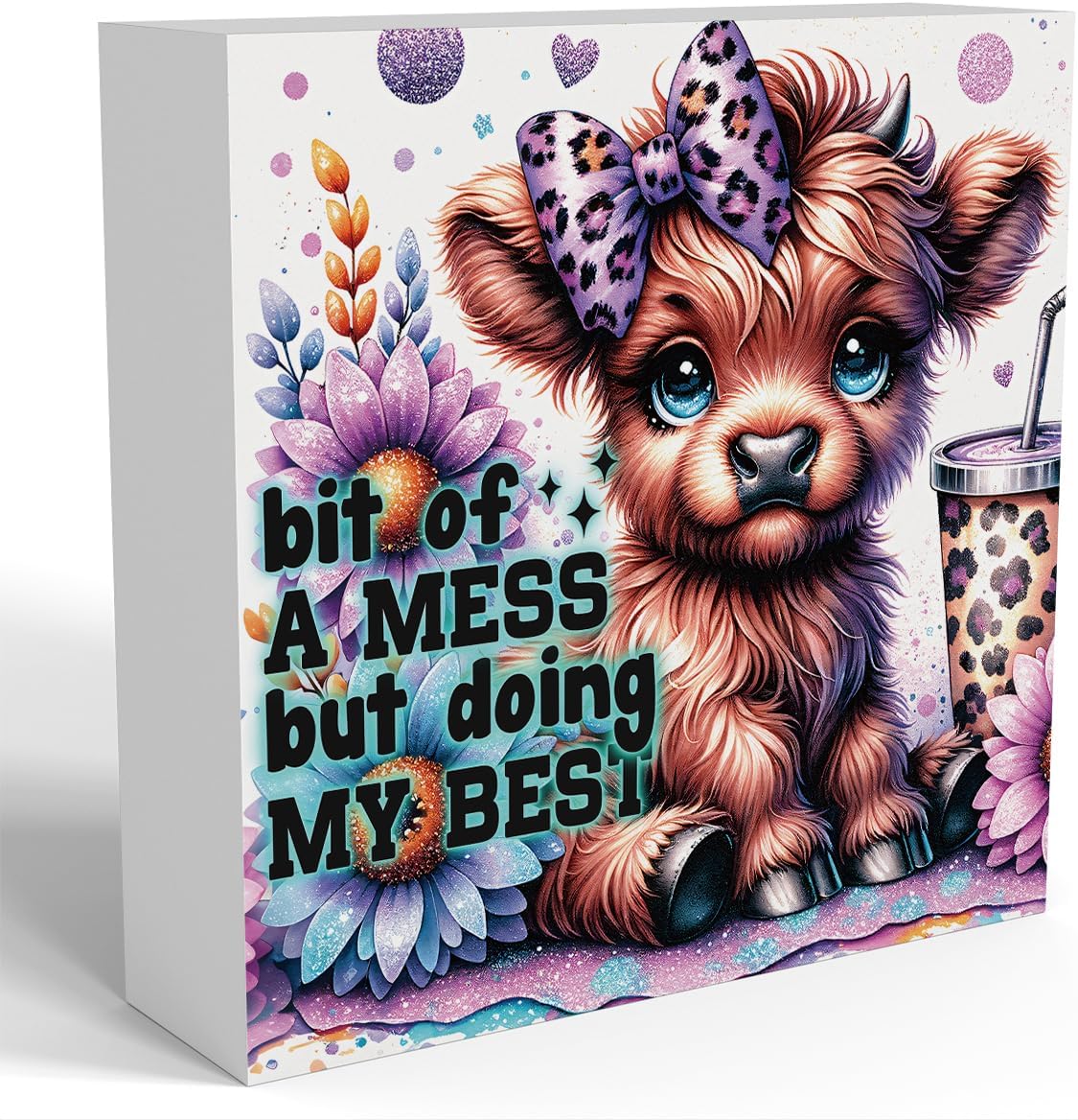 Highland Cow Baby Decor, Highland Cow Sunflower Decor, Highland Cow Gifts for women, Highland Cow Nursery Decor, Wooden Box Decor Sign for Home Farmhouse Office Living Room Table Shelf Tiered