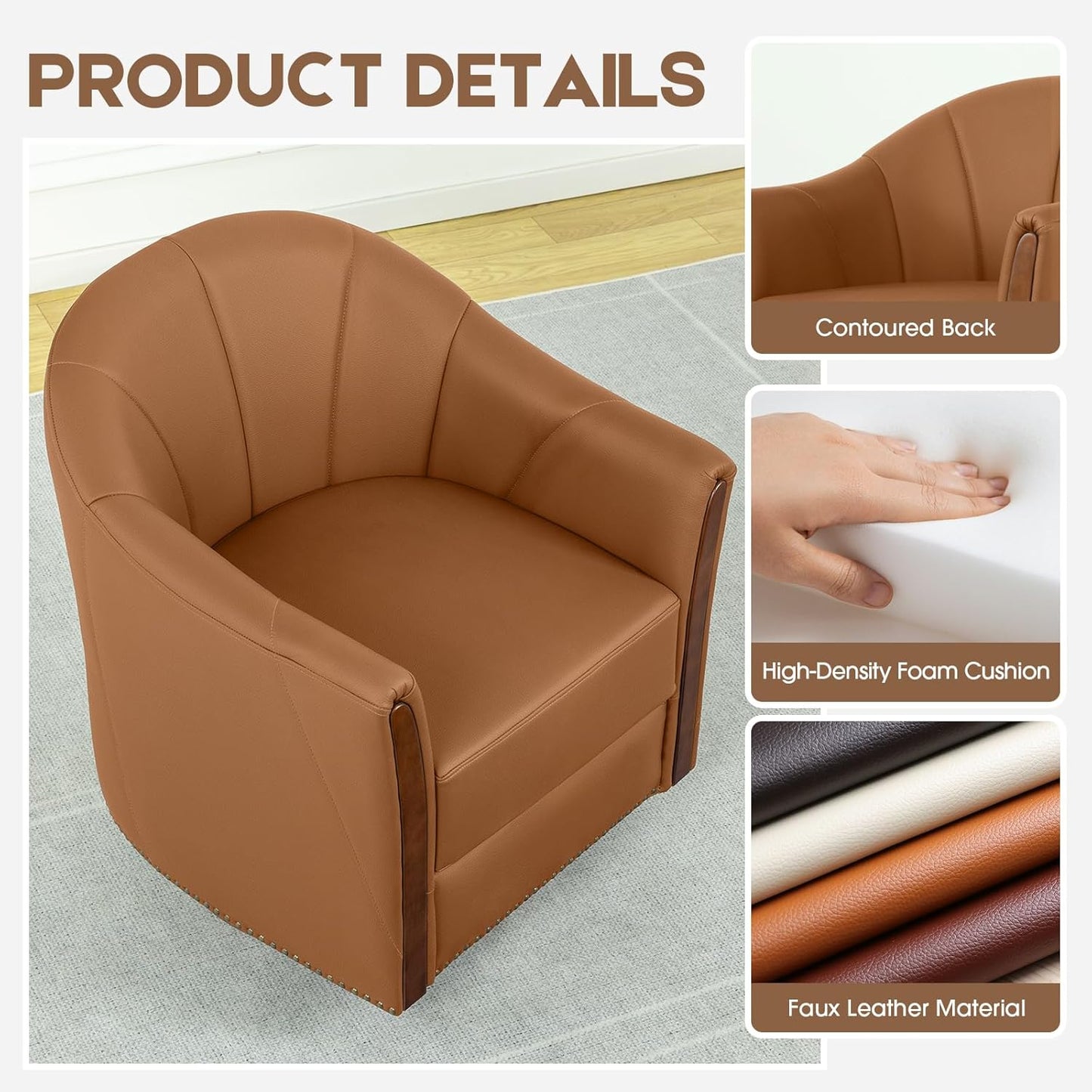 360° Swivel Accent Chair, Modern Leather Barrel Club Chair with Leather Upholstery and Sturdy Wood Base, Comfortable Armchair for Living Room, Bedroom, Reading Nook, Brown