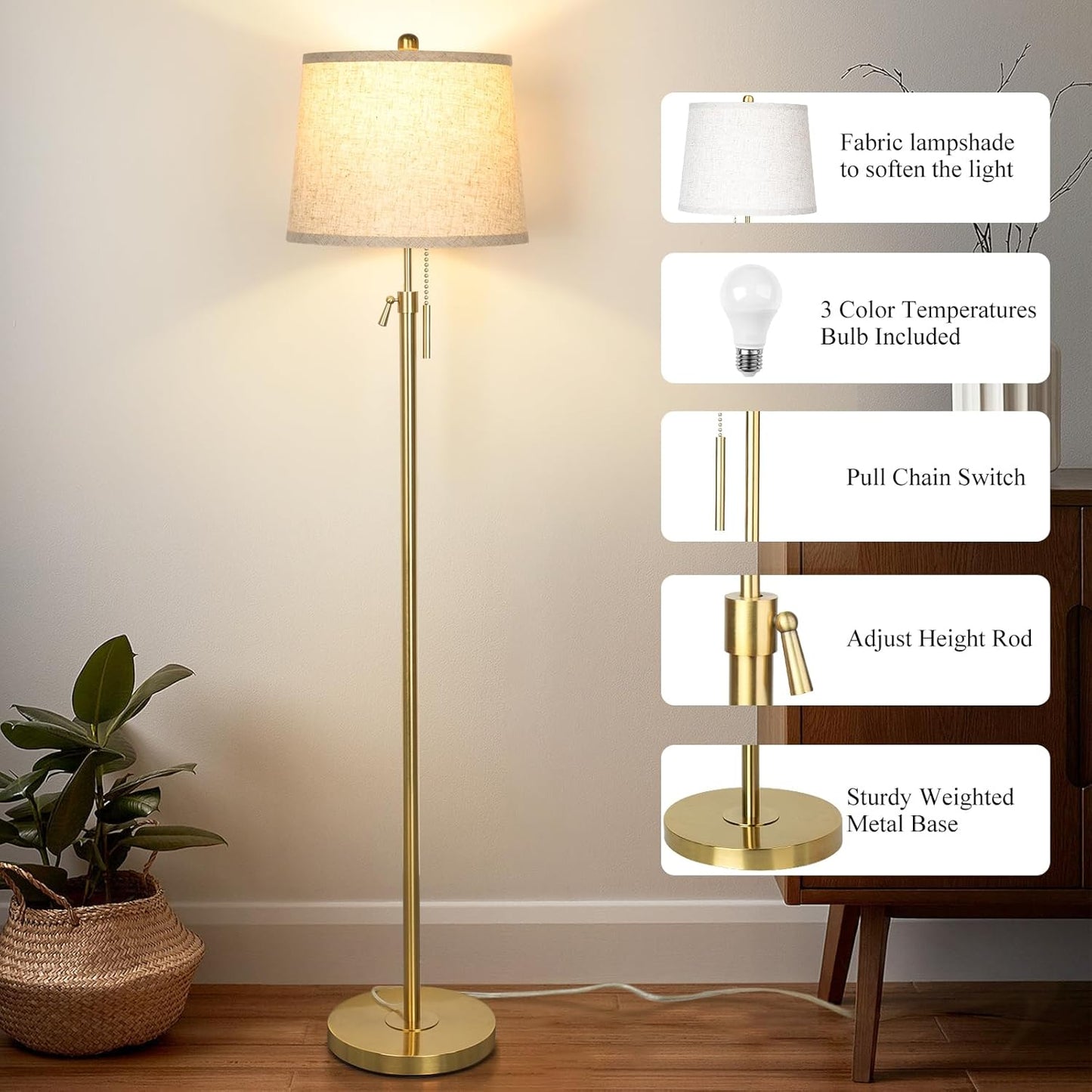 Gold Floor Lamp for Living Room 55-65" Adjustable Modern Brass Standing Lamp with Pull Chain Tall Pole Light with Beige Shade for Bedroom Reading Office Corner Nursery 9W LED Bulb Included 3 ColorTemp