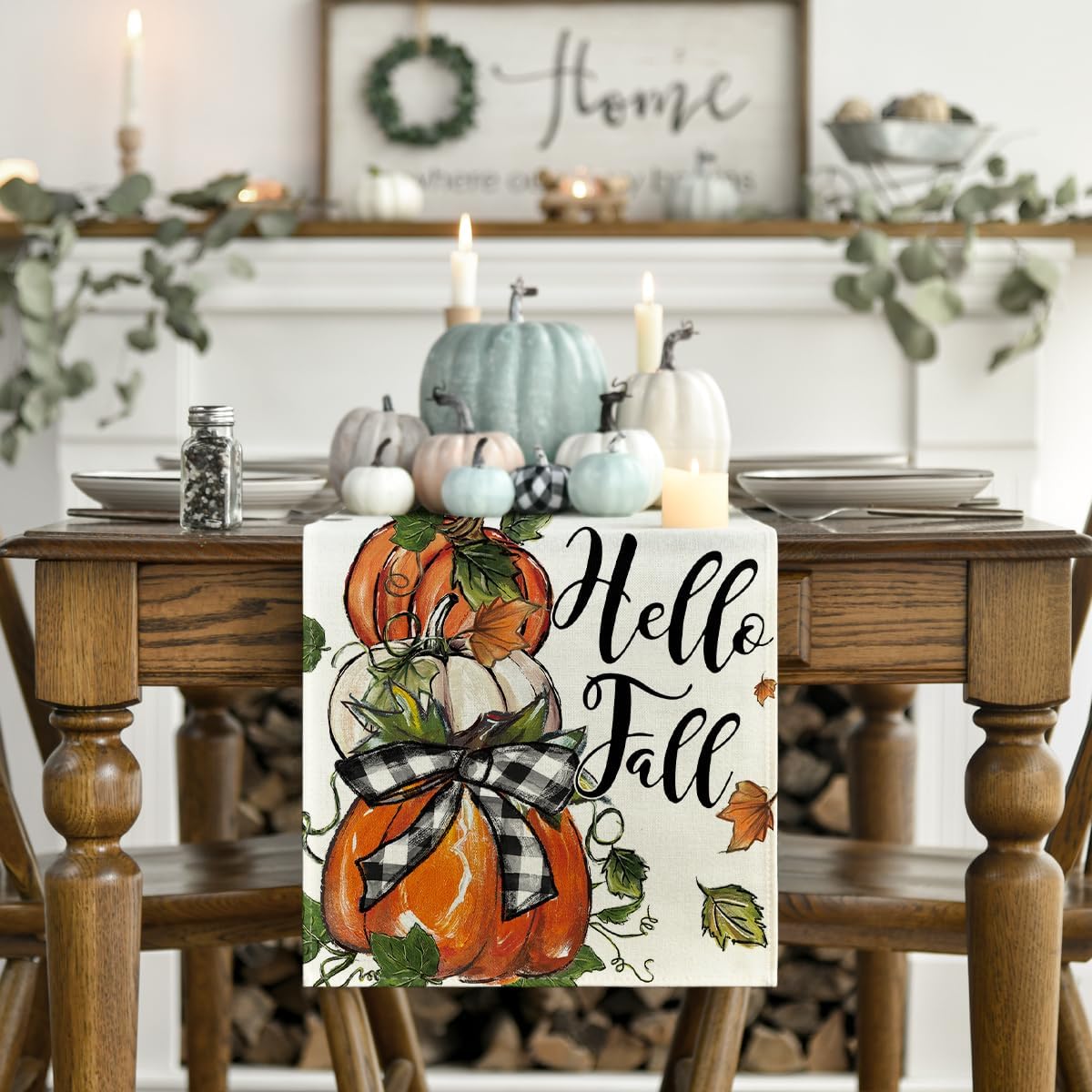 Artoid Mode Pumpkins Bowknot Maple Leaf 210 GSM Fall Table Runner, Seasonal Autumn Kitchen Dining Table Decoration for Home Party Decor 13x60 Inch