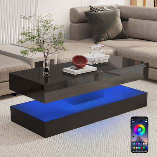 Uspeedy 47.3IN High Glossy LED Coffee Table,Modern Coffee Tables for Living Room,Living Rooms Tables,Large Living Room Furniture,APP LED Lights,Black/White Coffee Table for Livings Room (Black)