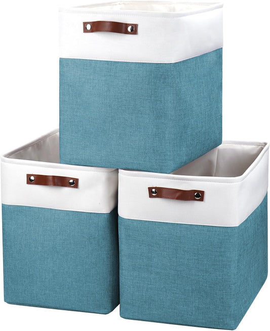 Large Fabric Storage Baskets | 50L Storage Bins, Decorative Linen Closet Baskets with Handles for Organizing, Shelf, Toys, Clothes, Home, Office, Nursery, 17x12x15Inches (Teal&White)