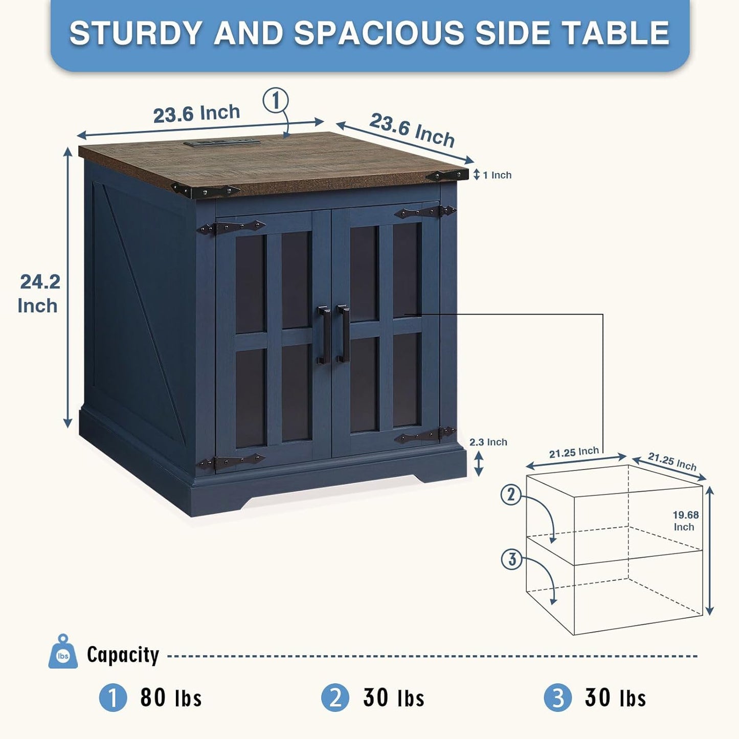 Farmhouse End Table with Charging Station,24" Large Side Table with Glass Barn Door, Rustic Wood Nightstand Bedside Table with Adjustable Storage Shelf for Living Room, Bedroom, Blue,2 Pack