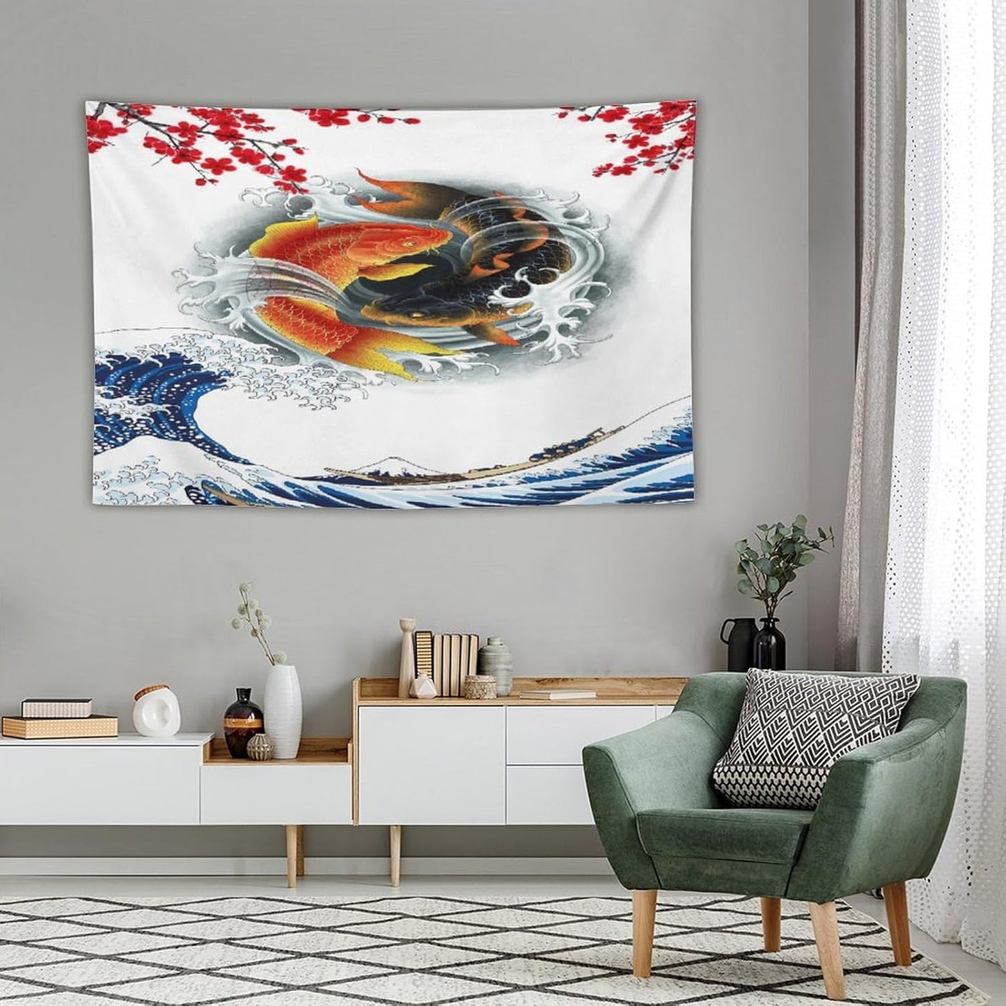 Houselerax Koi Fish Tapestry, Japanese Style Yin Yang Big Wave Cherry Blossoms Tapestries Wall Hanging for Bedroom Living Room Office Decor 90"x60"