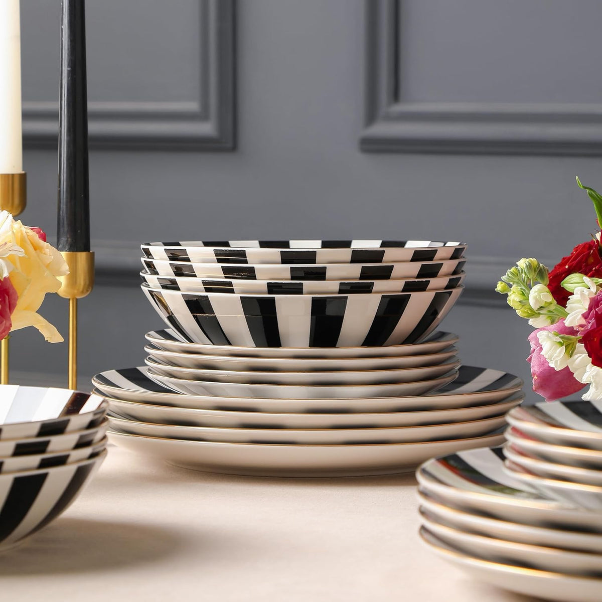 Christian Siriano Empire Porcelain Dinnerware, 24-Piece Plates and Bowls Set, Black and White Dish Set for 8, Gold Trim, Hand Wash Only
