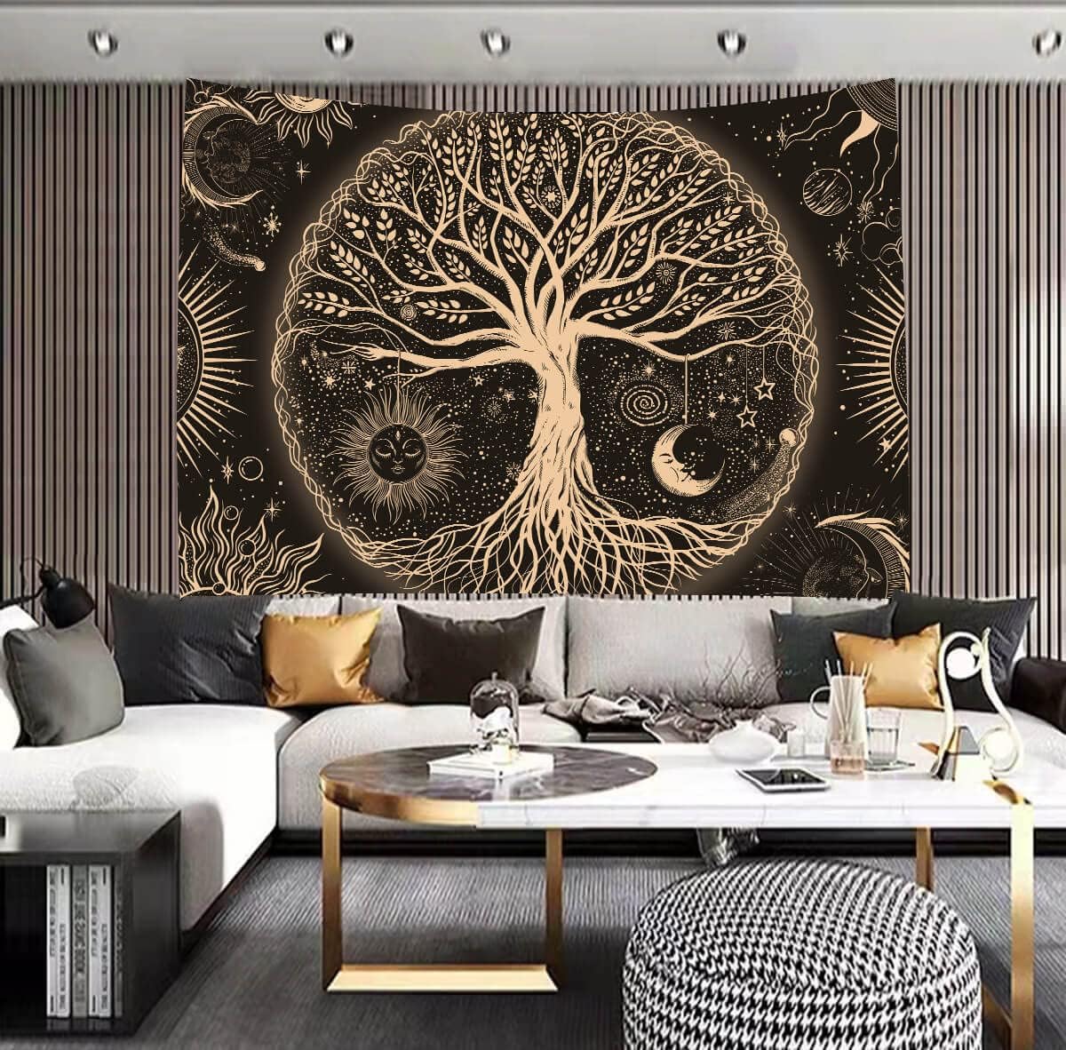 FORATER Tree of Life Tapestry Wall Hanging Sun Moon Stars Tapestries Aesthetic Galaxy Wall Tapestry Nature Home Decoration for Living Room Bedroom(53 x 61 Inch, Black and Gold)