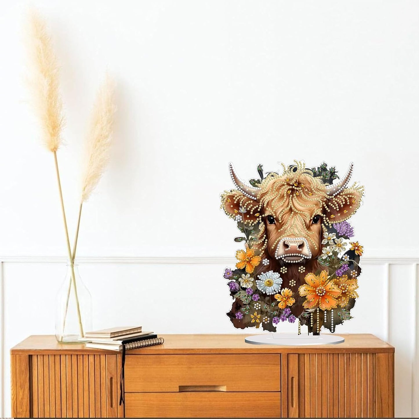 Diamond Painting Kits for Adults Beginners, 5D Full Drill Highland Cattle Crystal Art Desktop Ornament, DIY Single Sided Home Office Desk Decor, Creative Craft Gift Set with Tools