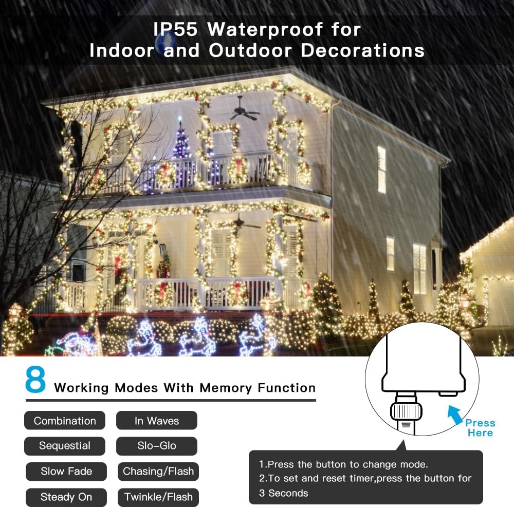 AmyHomie Color Changing Christmas Lights, 108Ft 300LED White Warm White Christmas String Lights, 8 Modes Waterproof Fairy String Lights for Outdoor & Indoor Christmas Tree Home Patio Garden Decor