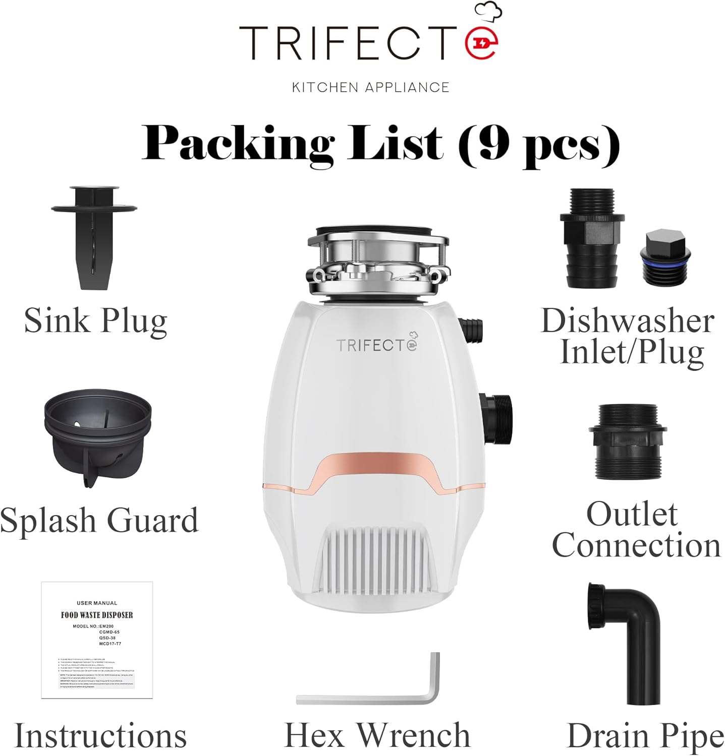 Trifecte Pro 3/4 HP Garbage Disposals with Sound Reduction,Food Waste Coutinuous Feed Garbage Disposal with Power Cord, Dishwasher Hook Up,3800RPM,White