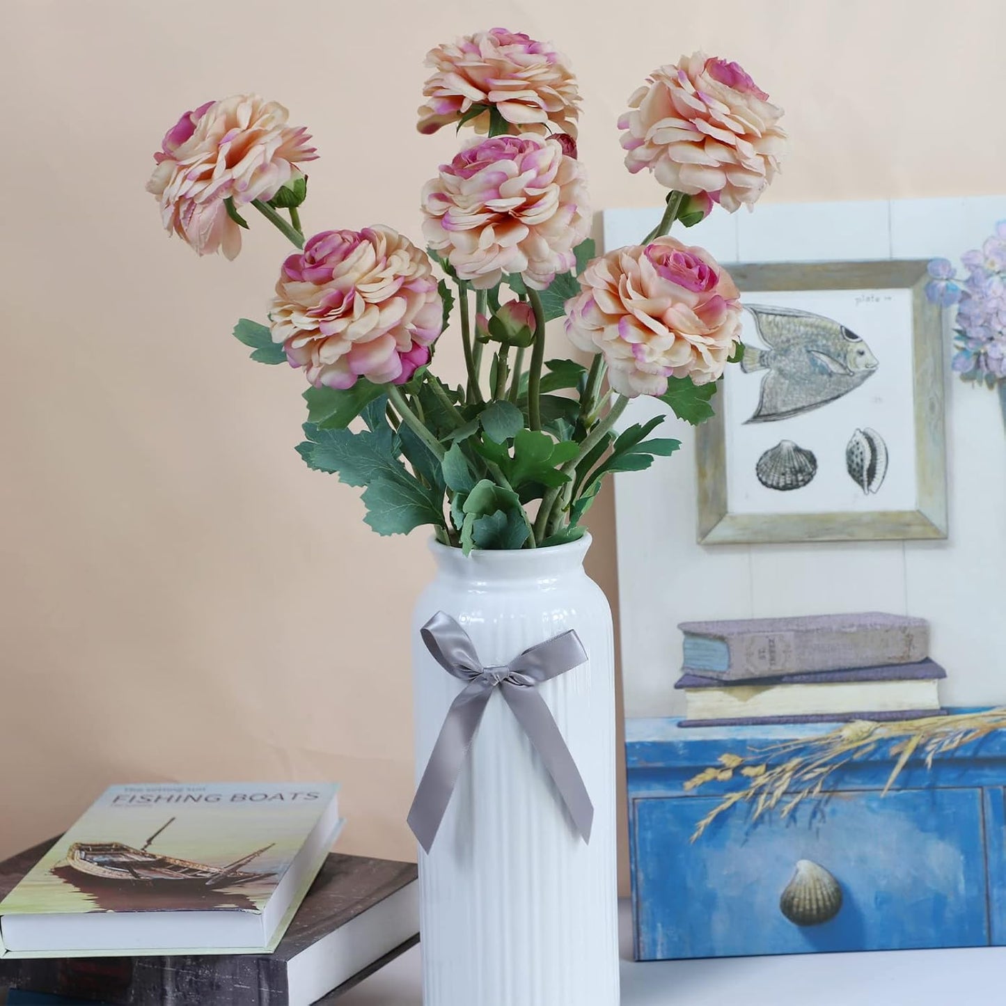 Artificial Ranunculus Flowers 23 Inch Long Stem - 6 Pack Silk Buttercup Stems for Wedding Bouquets, Centerpieces,Home Decor - Realistic Deep Pink Faux Floral Arrangements (Deep Pink)