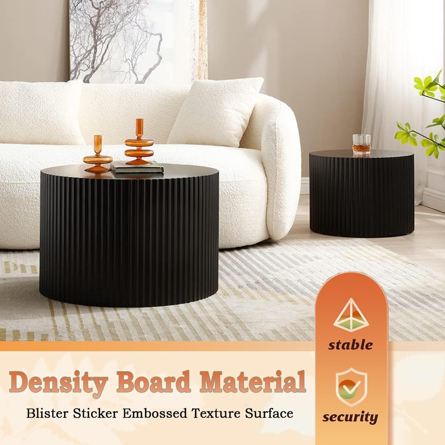 Round Nesting Coffee Table Modern Fluted Coffee Table Set of 2 Circle Drum Coffee Tables Small Round Accent Side End Table for Living Room No Assembly (Black A 27in)