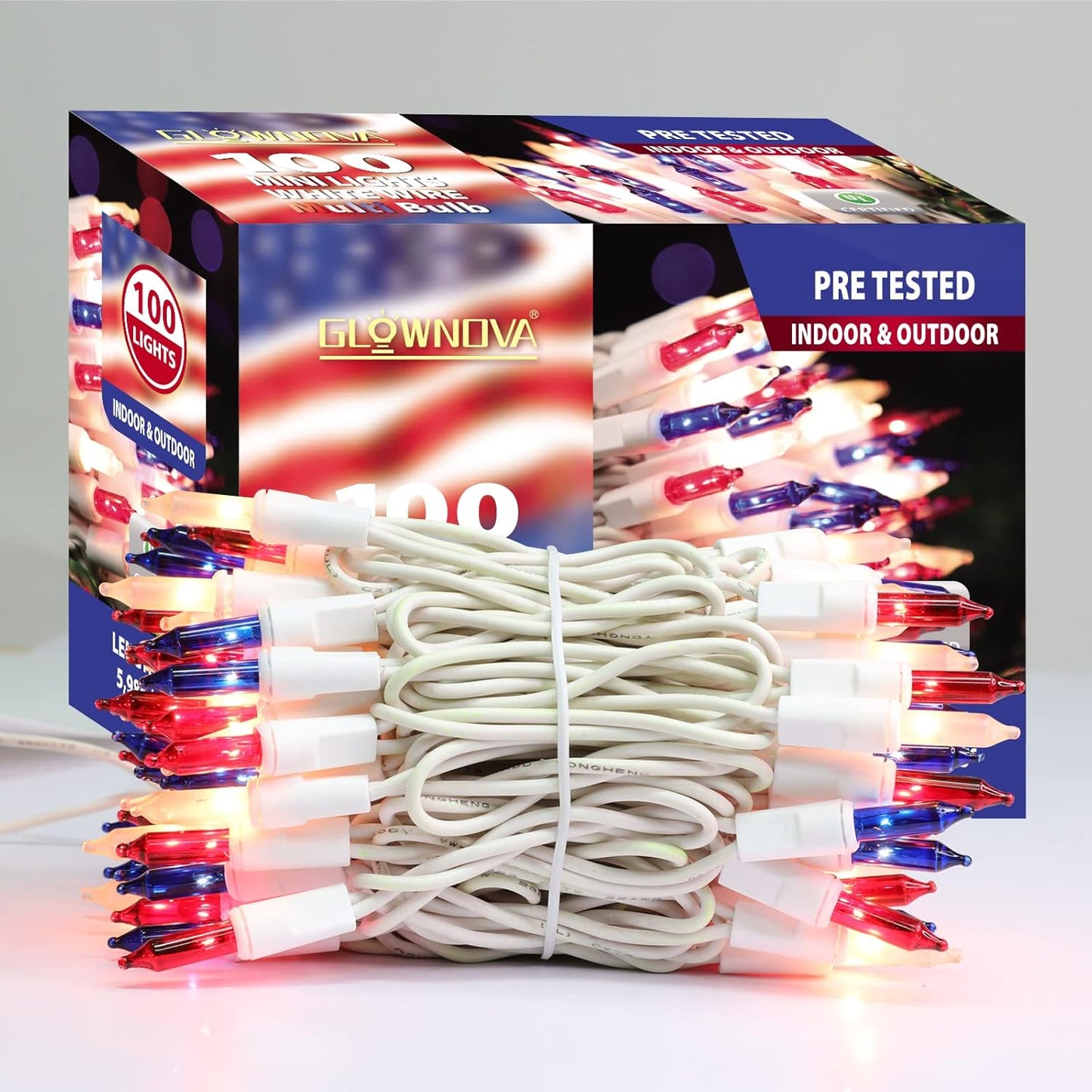 Patriotic String Lights, 100 Count 19.6 FT July 4th Mini White Wire Fairy Lights, 120V UL Certified Connectable Incandescent Independence Day