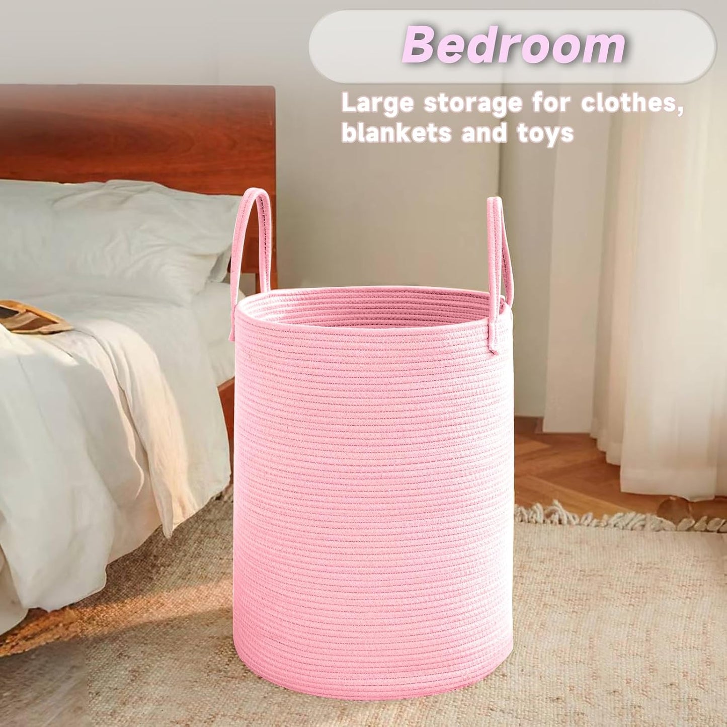 Large Woven Laundry Basket Hamper,100L Cotton Rope Storage Bin for Blankets,Toys and Clothes,Decorative Tall Nursery Hamper for Living Room,Baby Nursery,Bathroom and Bedroom,Pink