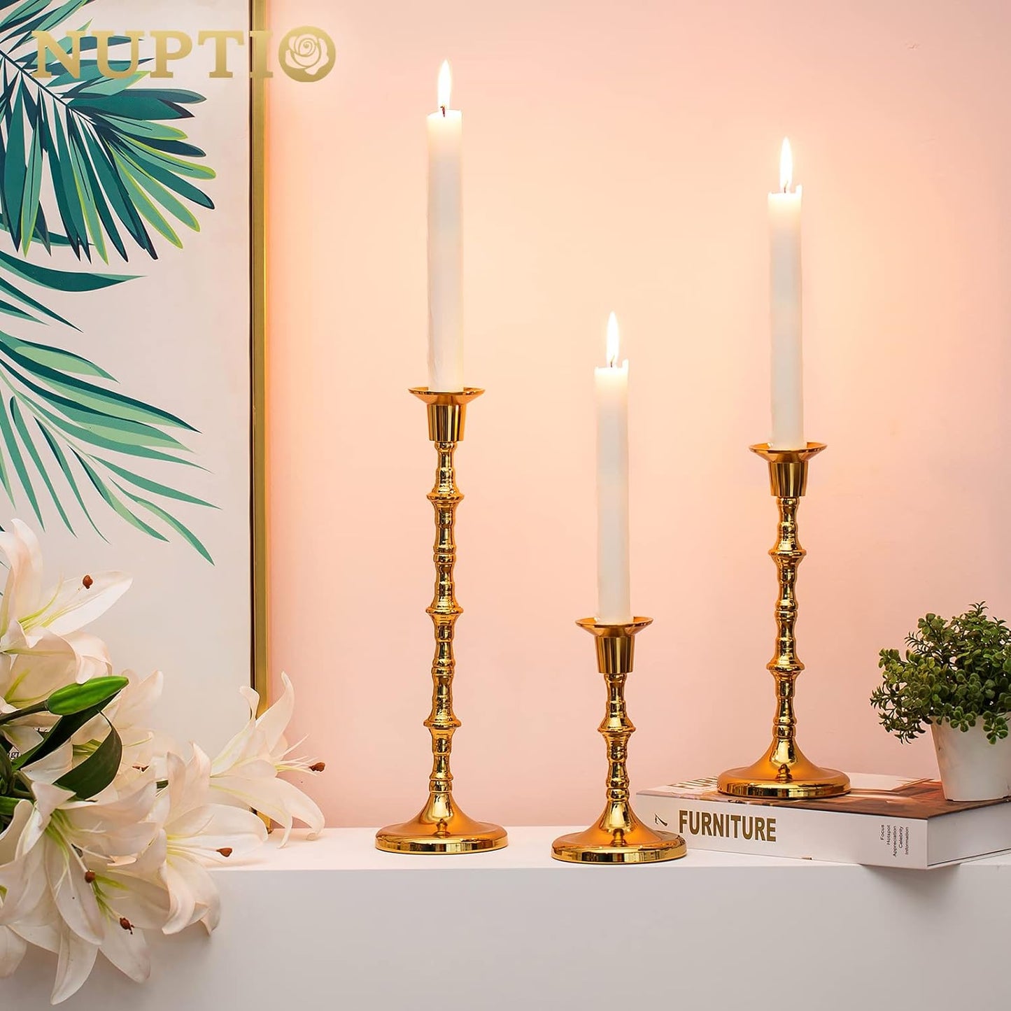 Nuptio Candle Holder Taper Candlestick Holders Gold Candle Holders for Unity Candles Metal Long Stem Candle Holders Set of 6 Home Decorations for Living Room Bathroom Dinner Table Cafe Table