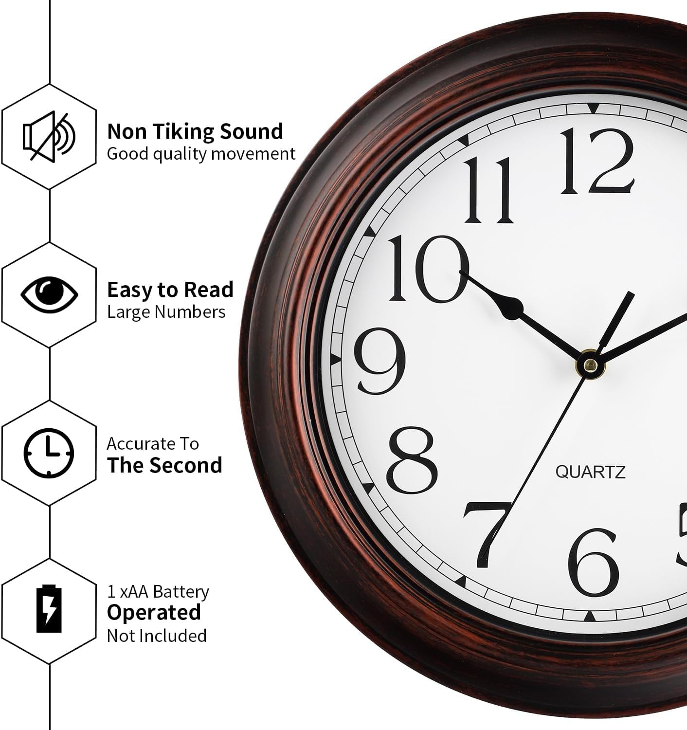 12 Inch Wall Clocks Battery Operated Silent Non-Ticking Wall Clock Vintage Retro Rustic Style Decorative for Living Room Kitchen (Bronze)