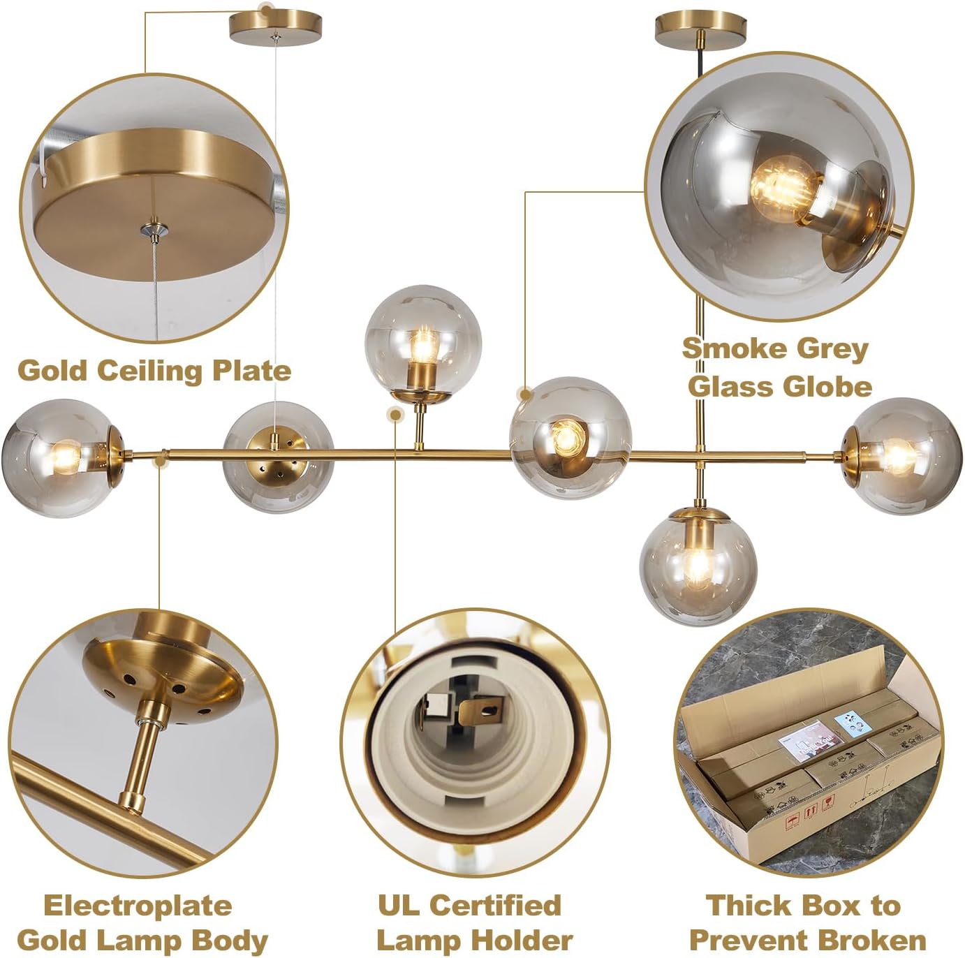 KCO Lighting 6-Light Modern Globe Sputnik Chandelier Brass Gold Linear Pendant Chandelier Lighting Smoke Glass Dining Room Chandelier Mid Century Sputnik Island Lights for Kitchen Living Room