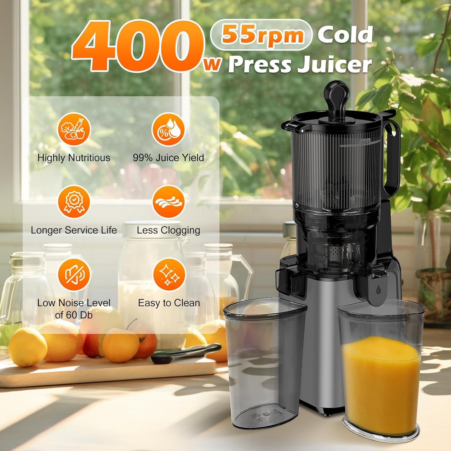 Juicer Machines with 5.4" Large Feed Chute, 400W Cold Press Juicer for Whole Vegetables and Fruits, Slow Masticating juicer Easy to Clean Juice Extractor Machine High Juice Yield(Titanium Gray)