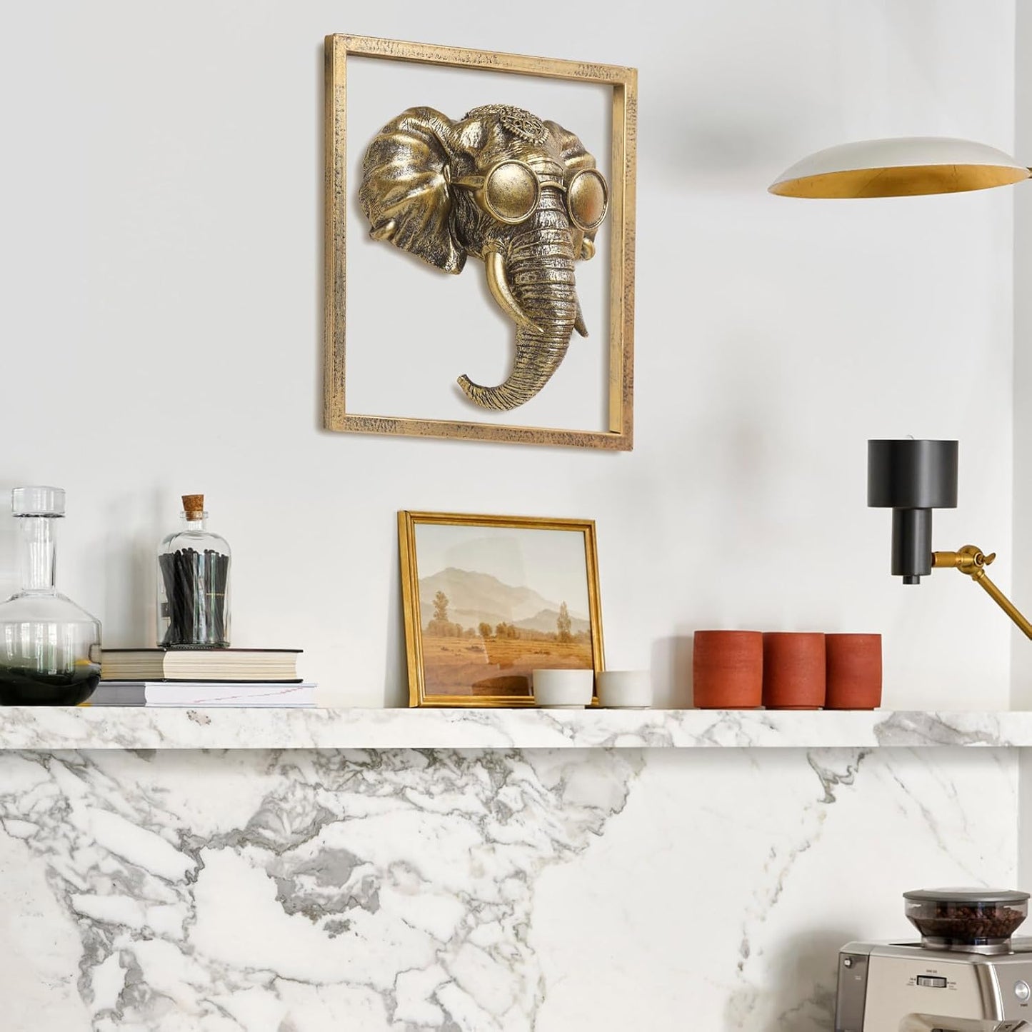 Animal Heads Wall Decor (Includes Metal Frame) Resin Animals Sculptures Head Wall Hanging Decoration Gold vintage Wall Sculpture for Living Room Bedroom Office (Elephant)