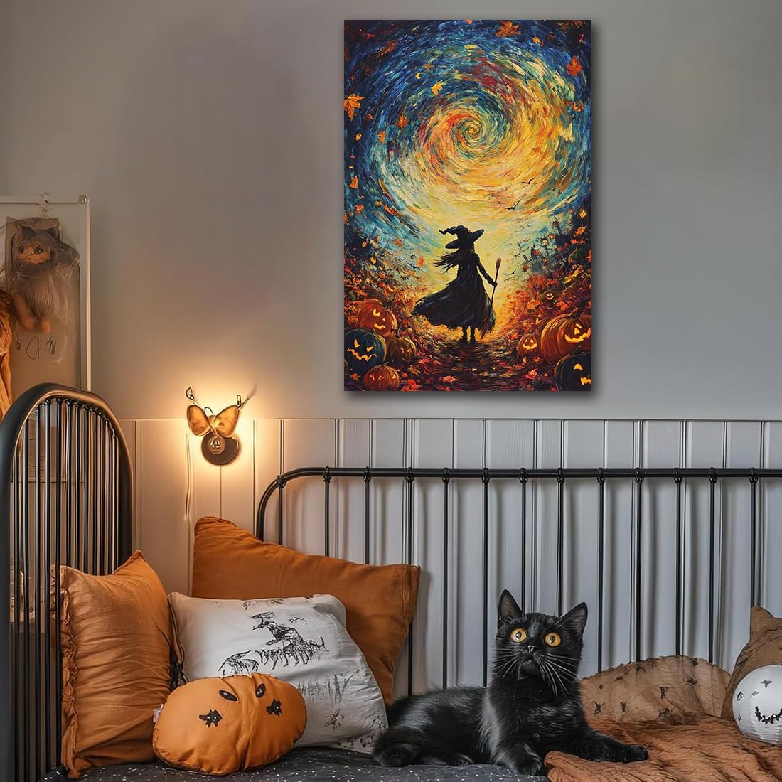 Halloween Autumn Witchy Decor Wall Art Prints,Gothic Witch in Whirlwind Autumn with Pumpkins Scene Pictures Poster,Fall Festival Home Decor Painting Canvas Poster for Bedroom Bathroom,20"x30" Framed