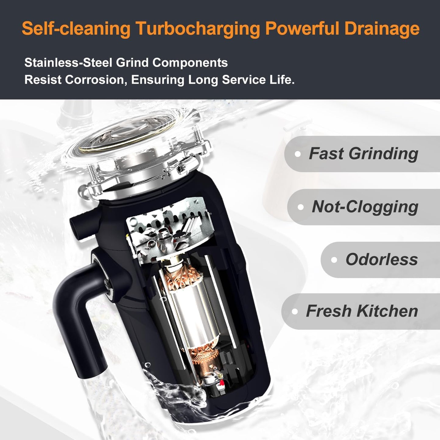 A600 Garbage Disposal 3/4 HP for Kitchen Sink, Food Waste Disposer Fast Continuous Feed Stainless Steel Grind, Quiet, Ease Install, With Power Cord, Powerful Drainage Compact Design 0.75 Horsepower