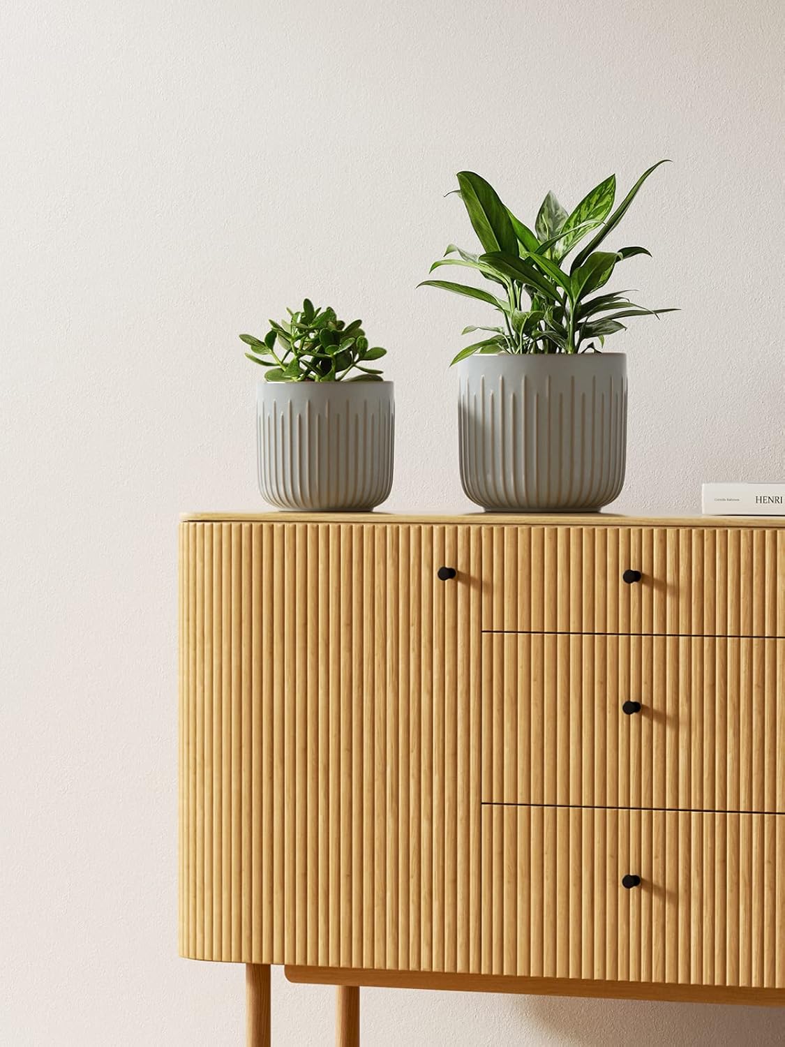 LE TAUCI Fluted Ceramic Planters Set of 3 – 8.3/7 / 5.7 in Blue Gray Reactive Cylinder Indoor Plant Pots with Drainage Plug & Mesh, Glossy Stoneware Flower Pots for Succulents Herbs