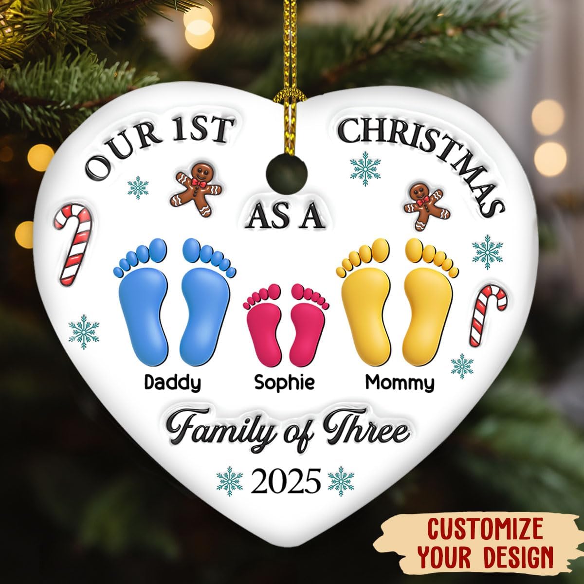 Personalized Custom 3D Effect Heart Ceramic Ornament – Our First for Newly Married Couples, Perfect for Christmas